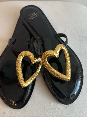 Gianni Bini Black Sandals with Hammered Gold Heart Accents, 10M